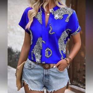 Luxe Satin Loose Fit Leopard Print Sleeveless Overlap Top Blouse Shirt